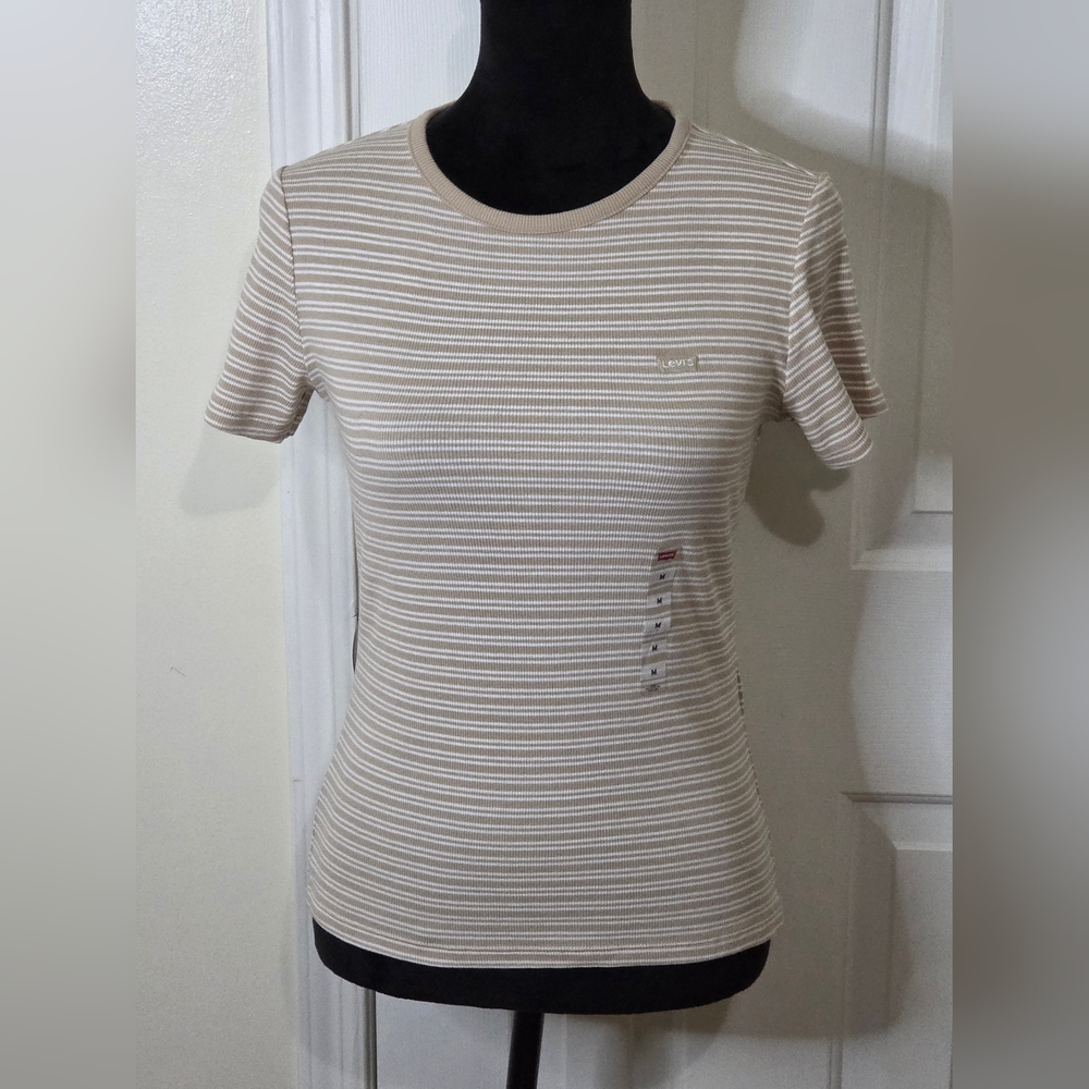 *Levi's Women's Hayes Short Sleeve Crewneck Stripes Tee Top Safari Stripe Sz Med - Picture 2 of 10